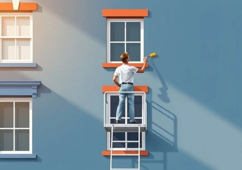 Peintre sur échafaudage traitant la façade d'une maison