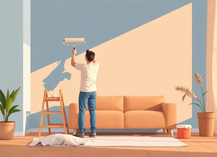 Peintre appliquant la peinture au rouleau sur un mur de salon